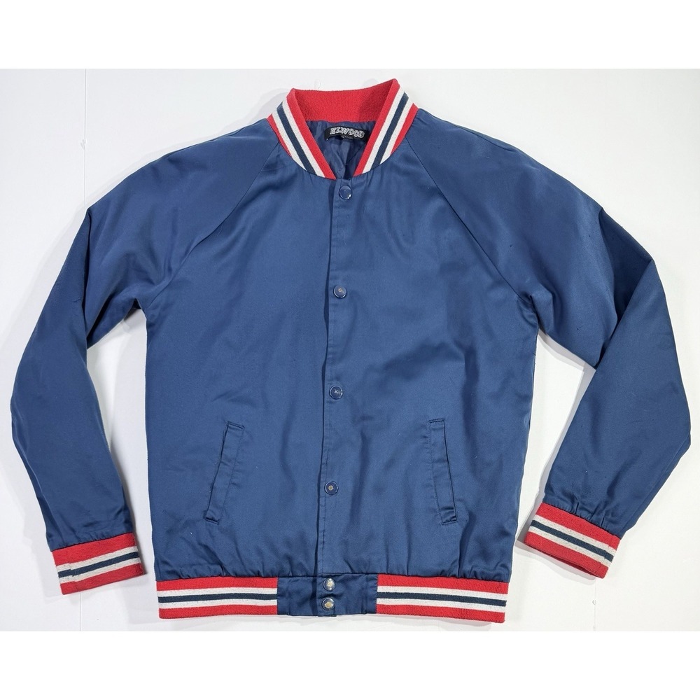 Elwood Varsity Bomber Jacket Mens Medium Blue Snap Button Athletic